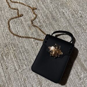 Black Designer Crossbody Bag with Gold Chain